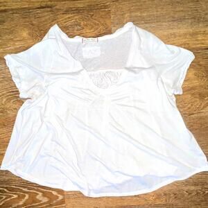 We The Free Womens White Knit Top V-Neck Ruffle Short Sleeve Pullover M